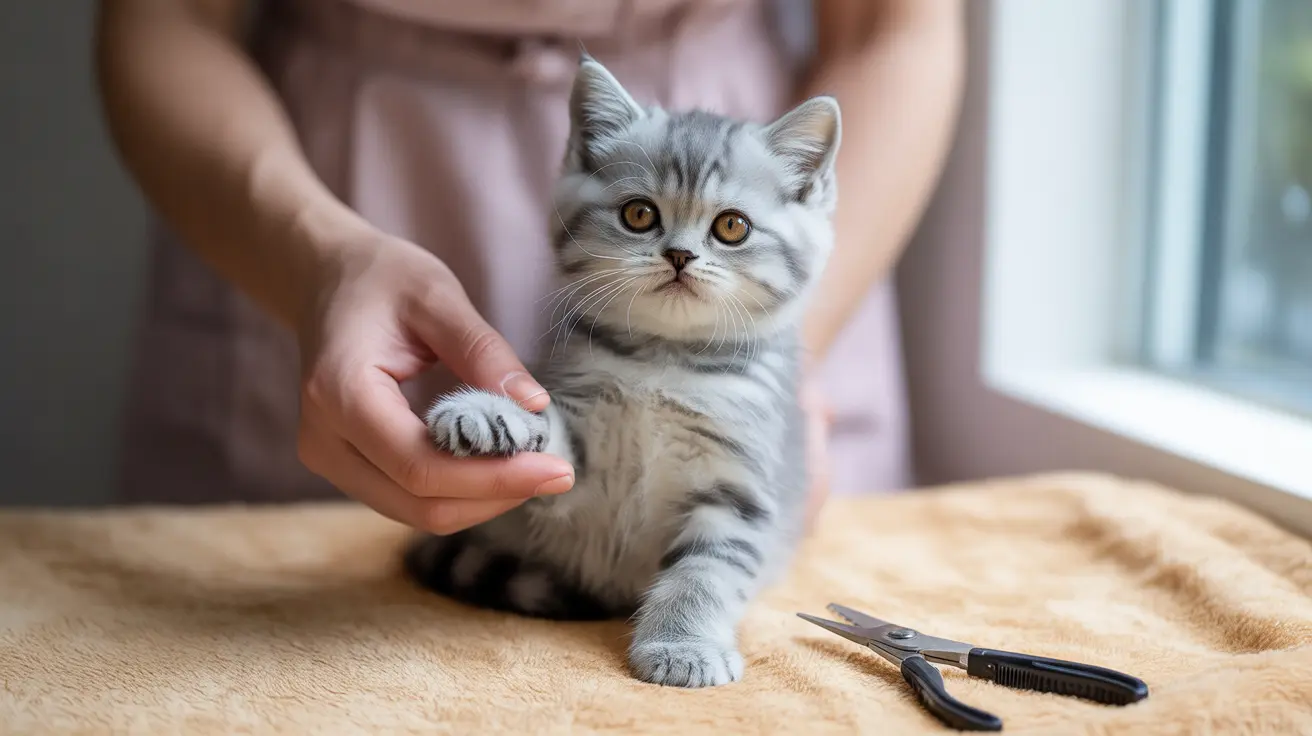 A silver tabby kitten being gently held by a hand during a grooming session