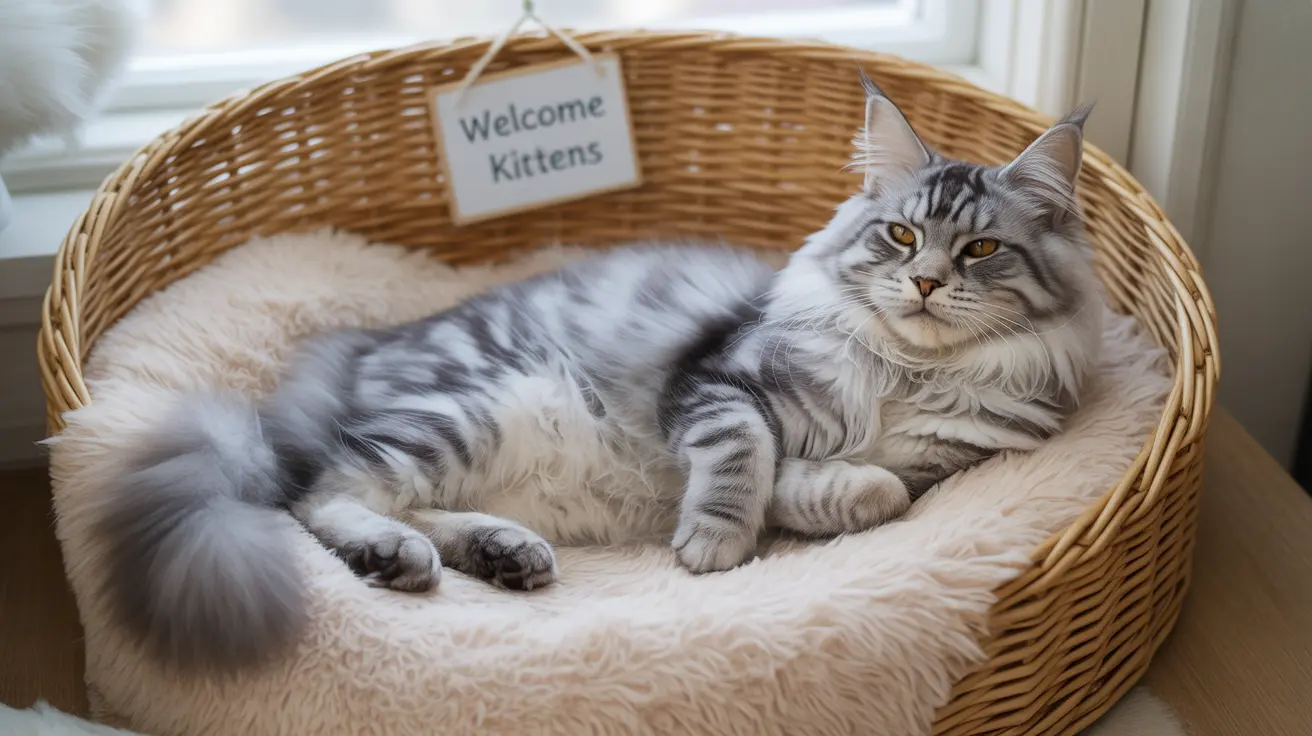 Silver tabby Maine Coon cat lounging comfortably in a woven wicker basket with a soft beige cushion