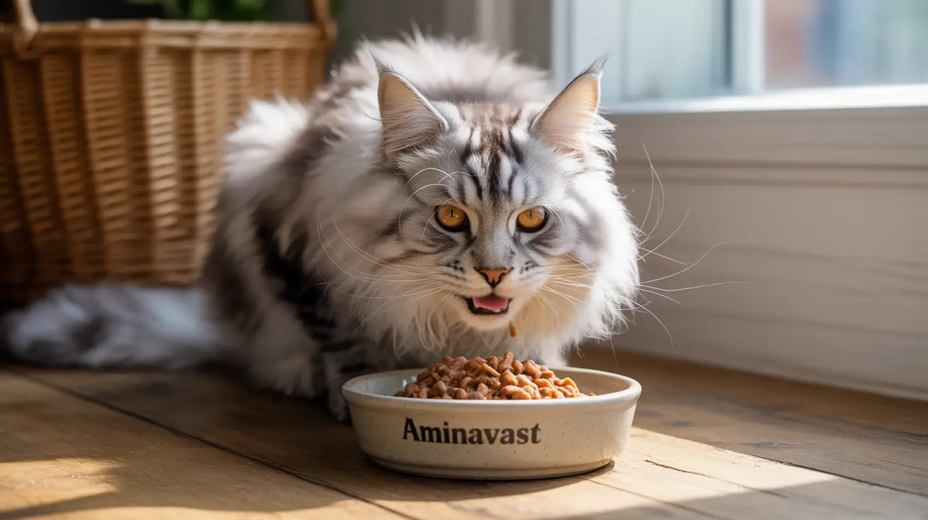 Fluffy silver tabby Maine Coon cat sitting in front of a food bowl with tongue slightly out