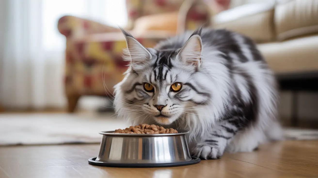 Silver tabby Maine Coon cat with amber eyes sitting beside a stainless steel food bowl filled with kibble on wooden floor