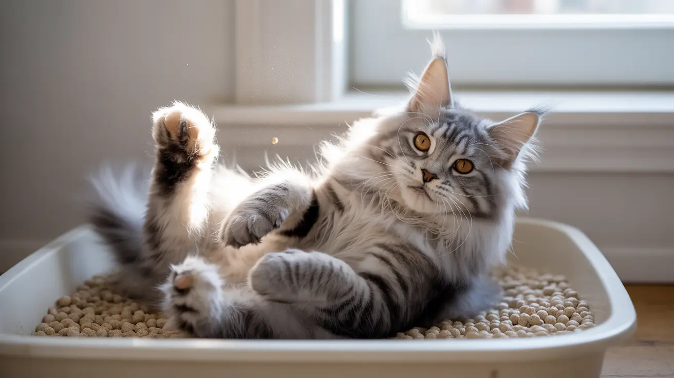 ふわふわしたシルバータビーのメインクーン猫が、リラックスした快適な姿勢で遊ぶようにトイレの中でくつろいでいる様子