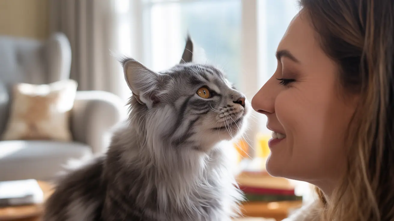 A close-up of a silver tabby Maine Coon cat and a person sharing an intimate moment together indoors