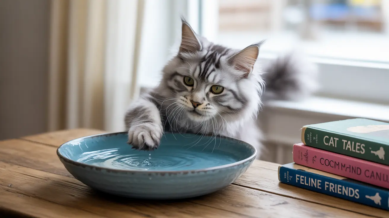銀色のタビー柄のメインクーンが猫の本の近くにある青いセラミック製の水入れに前足を乗せて休んでいる様子