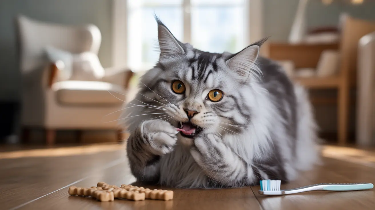 Silver tabby Maine Coon cat grooming paws near dental care items on wooden floor
