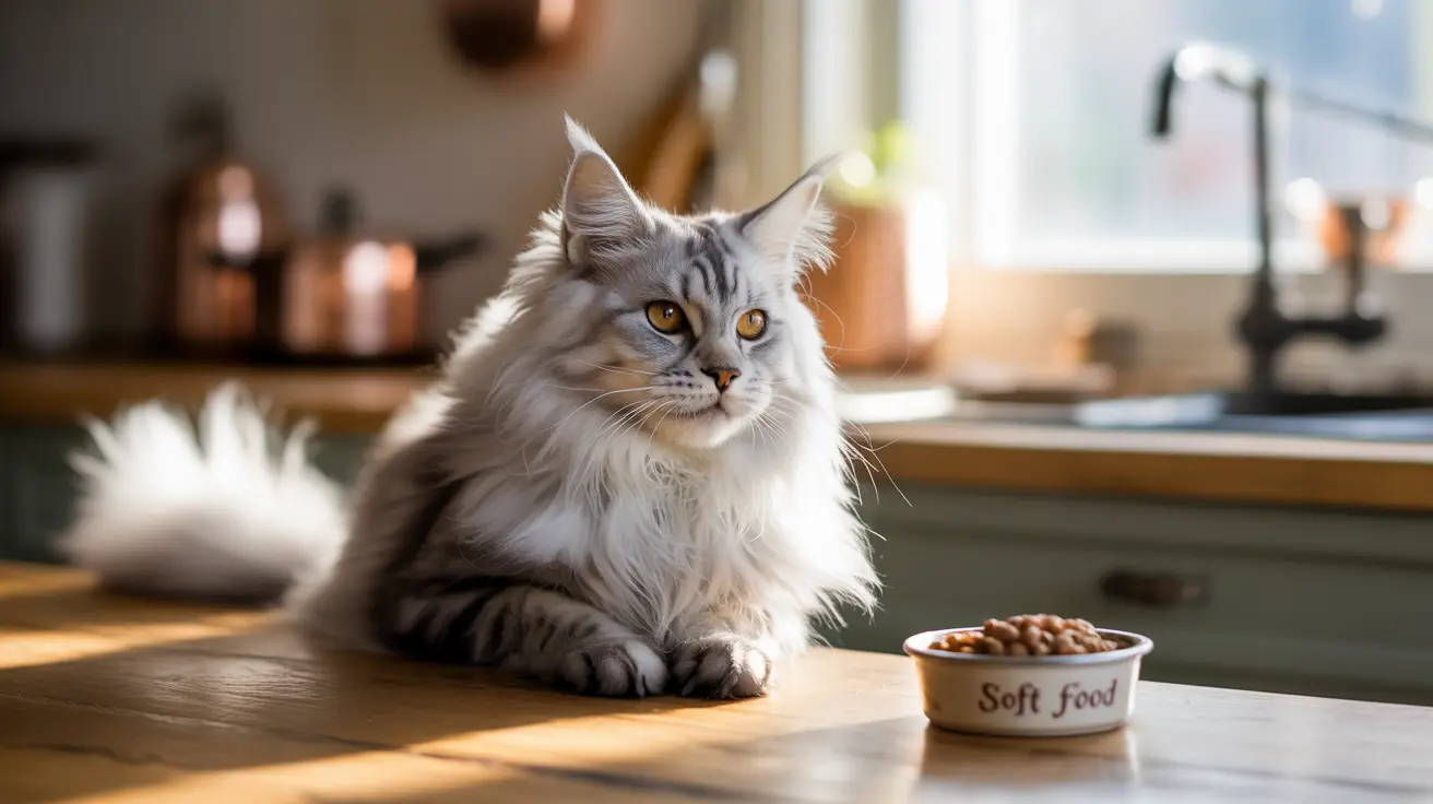 A majestic long-haired silver tabby Maine Coon cat sitting elegantly near a food bowl in a sunlit kitchen