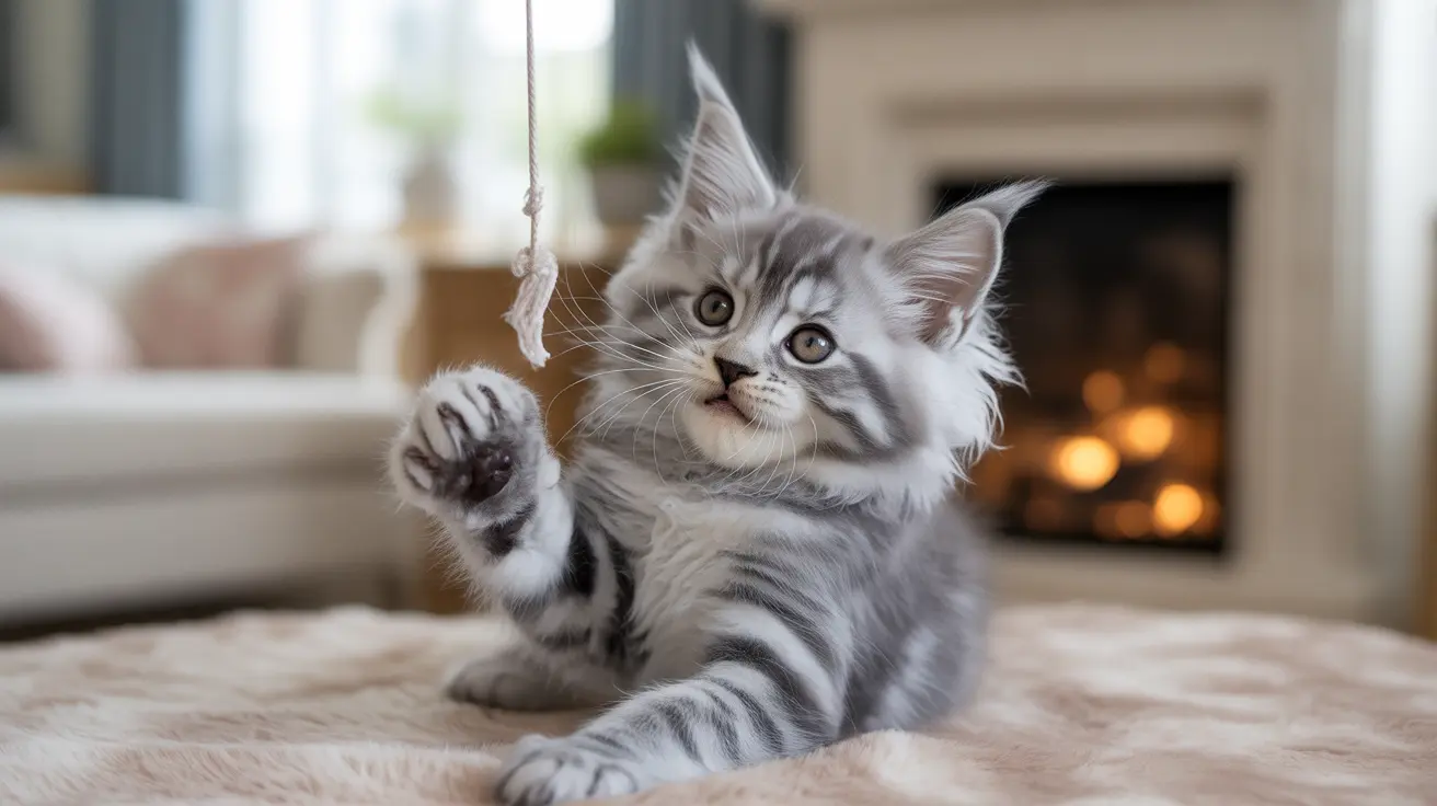 A fluffy silver tabby Maine Coon kitten playing with a hanging string near a warm fireplace.