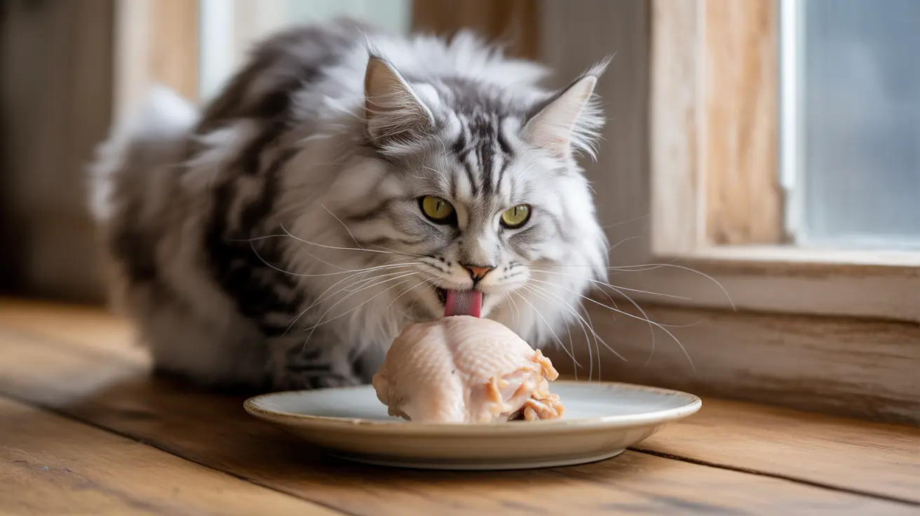 Silver tabby Maine Coon cat licking a piece of raw chicken on a white plate