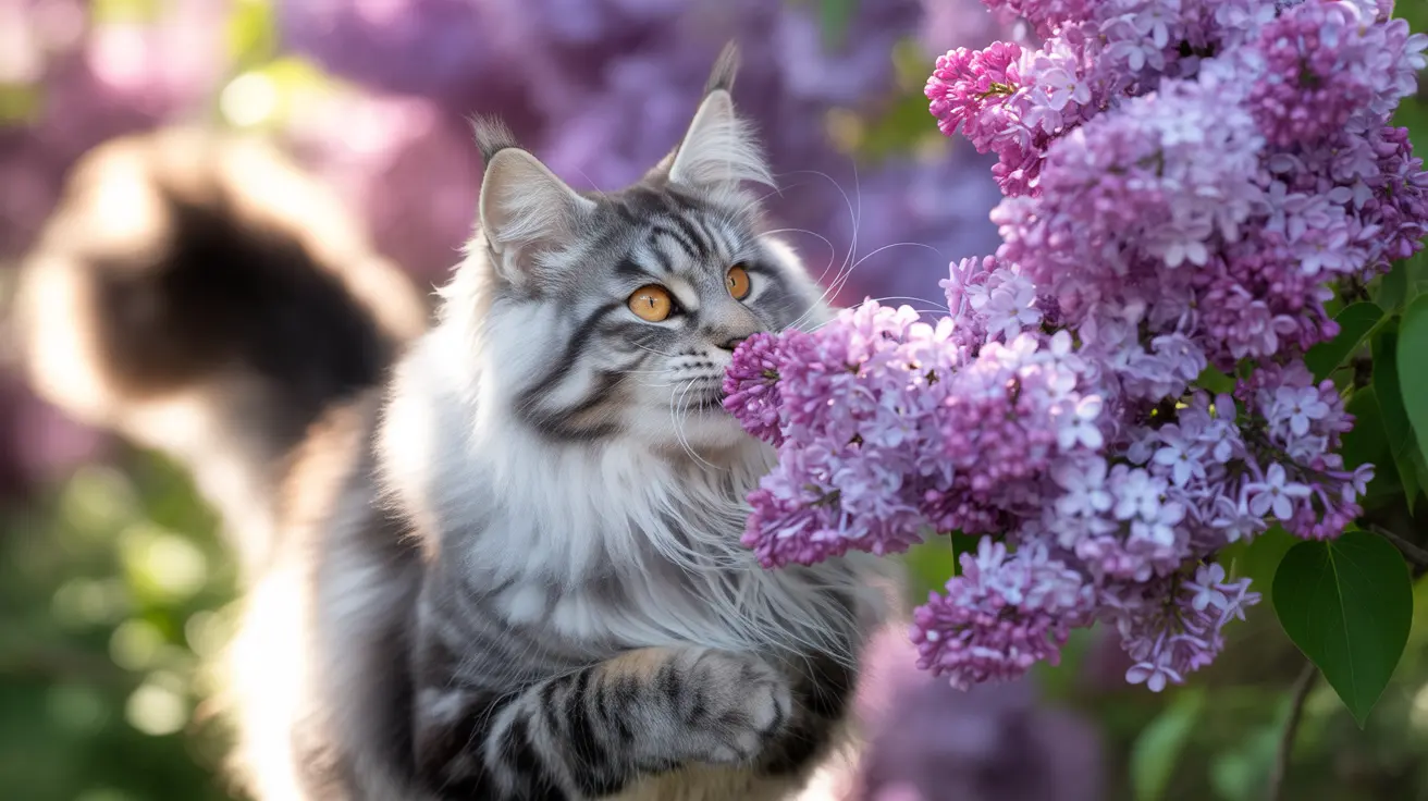 Silver tabby Maine Coon cat sitting near blooming lilac bushes with a soft, blurred background