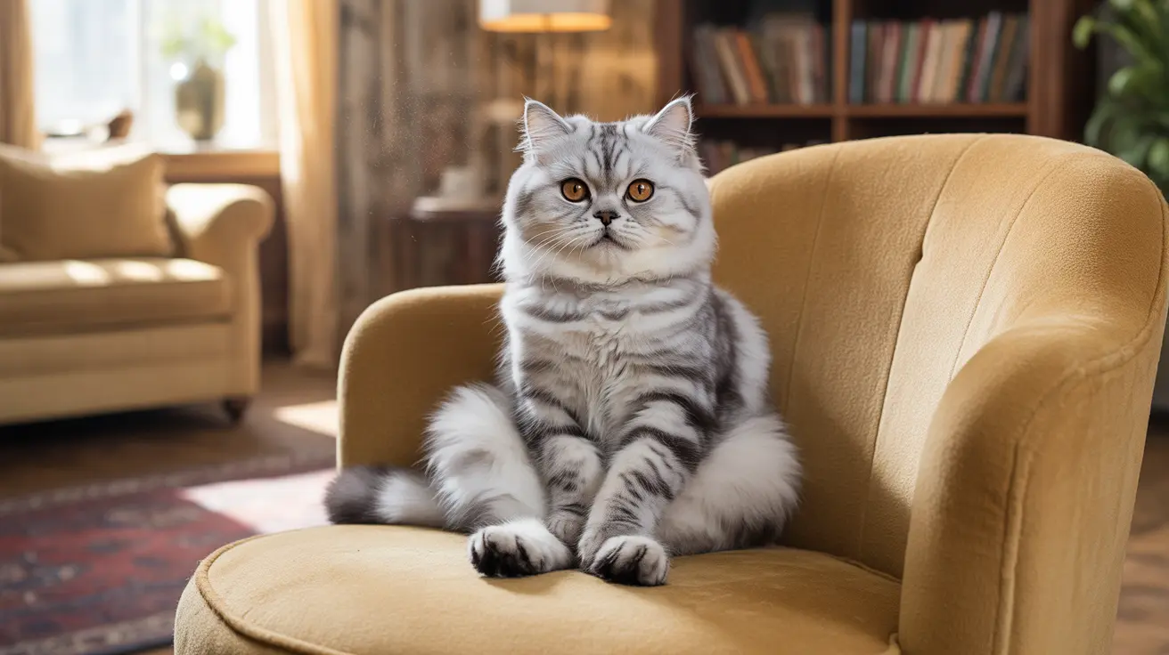 A silver tabby British Shorthair cat sitting regally on a yellow armchair in a cozy living room.