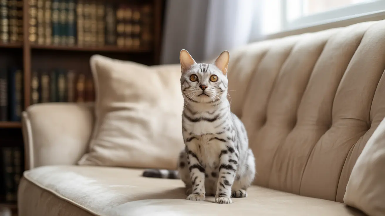Un gato bengalí plateado y blanco sentado erguido y alerta en un sofá claro, con una estantería de fondo.