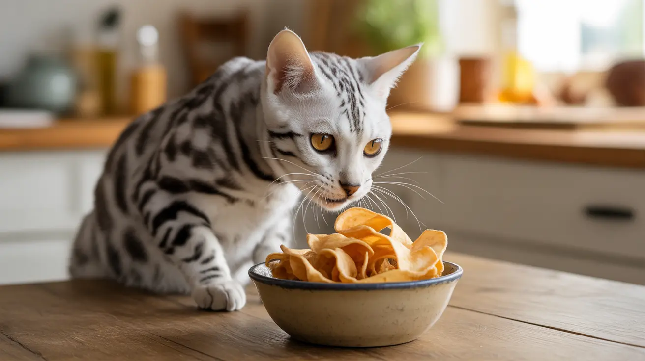 A silver and white Bengal cat sitting intently next to a bowl of potato chips on a wooden kitchen counter