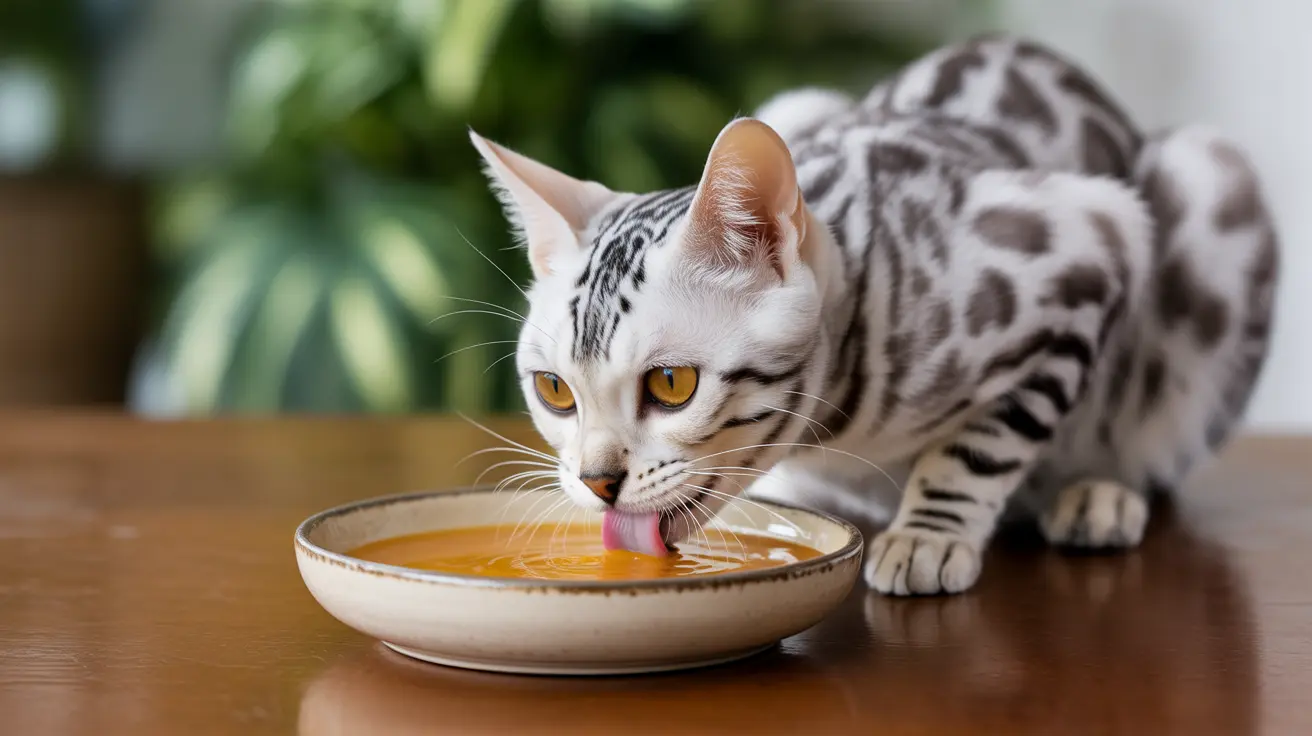 Un chat Bengal argenté et blanc buvant un liquide dans un bol en céramique beige