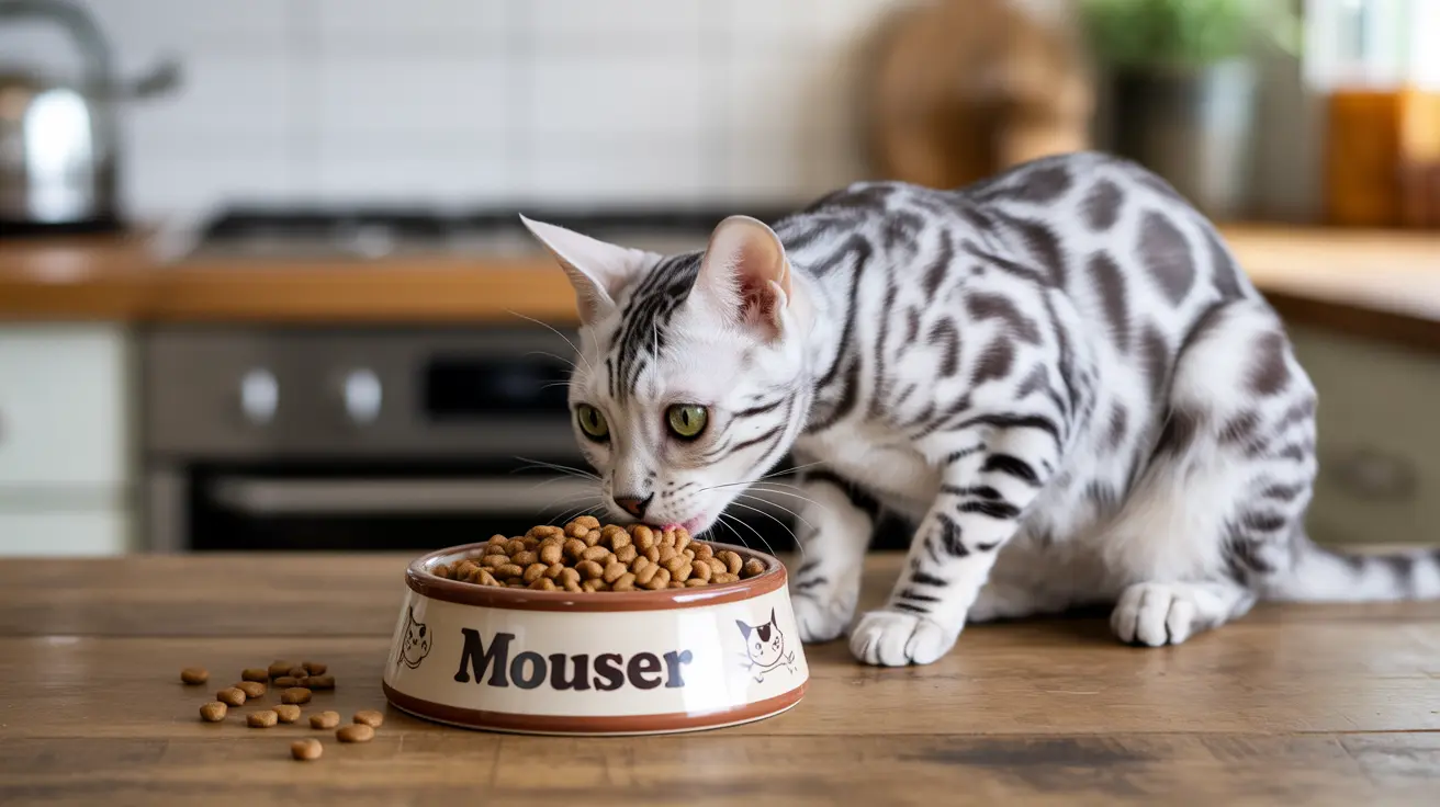 A silver and white Bengal cat eating from a ceramic food bowl labeled 'Mouser' in a modern kitchen setting