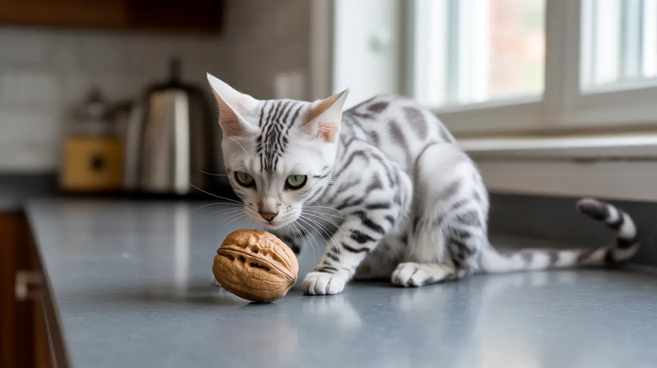 A silver and white Bengal cat examining a walnut on a kitchen counter