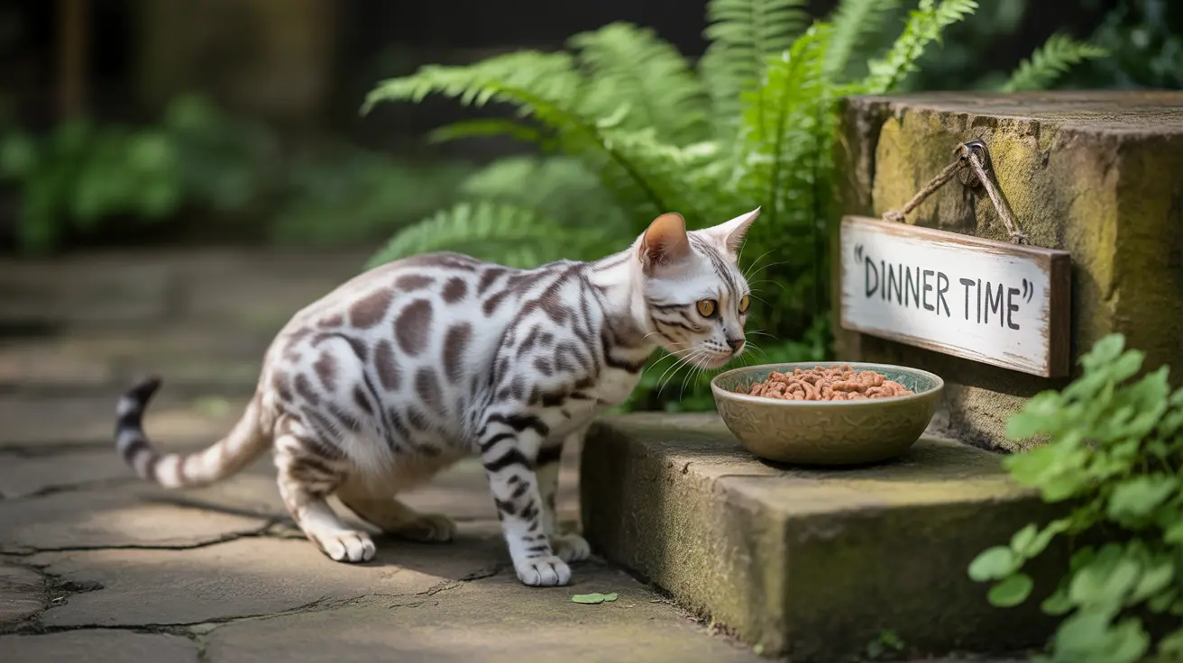 A silver and white Bengal cat standing near a food bowl with a 'Dinner Time' sign