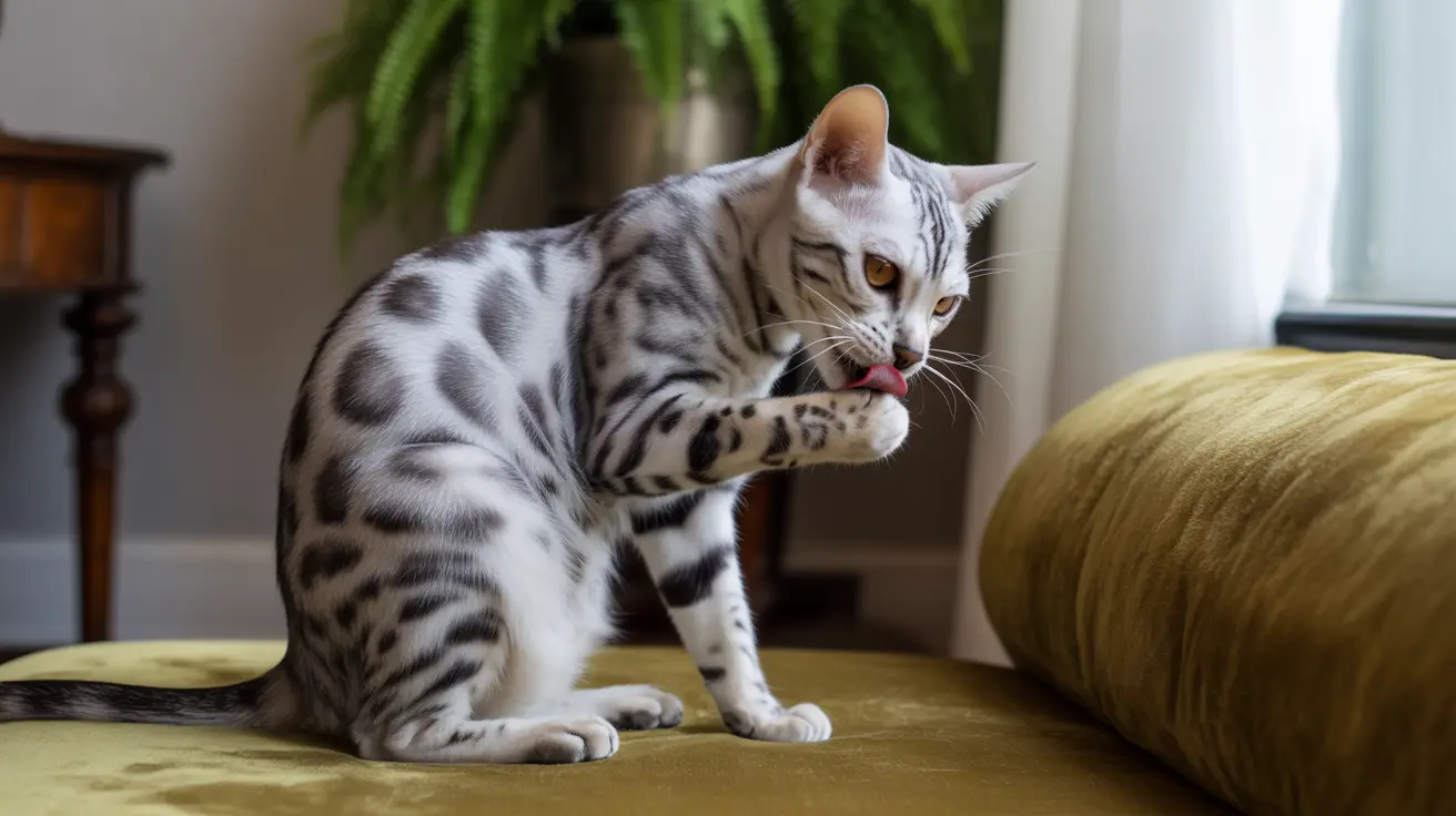 A silver and white Bengal cat grooming itself on a golden-colored cushion or chair