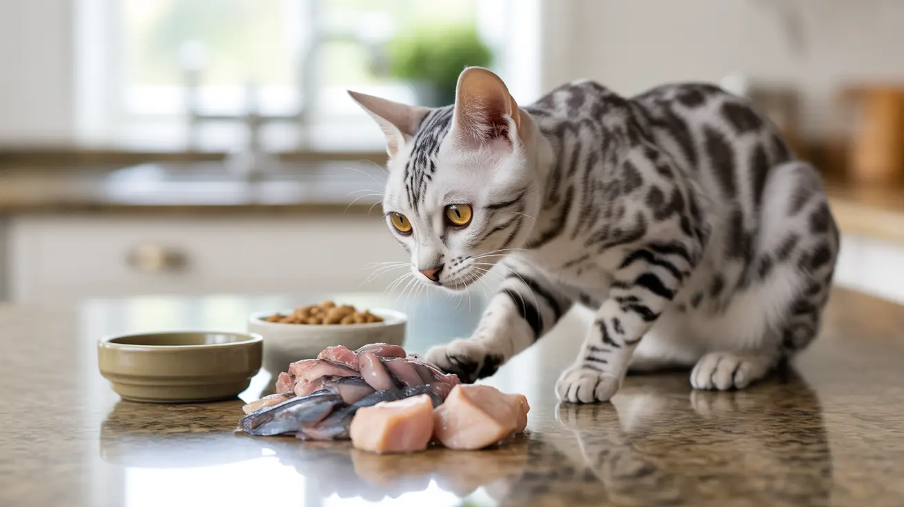 A silver and white Bengal cat examining raw meat and cat food on a kitchen counter