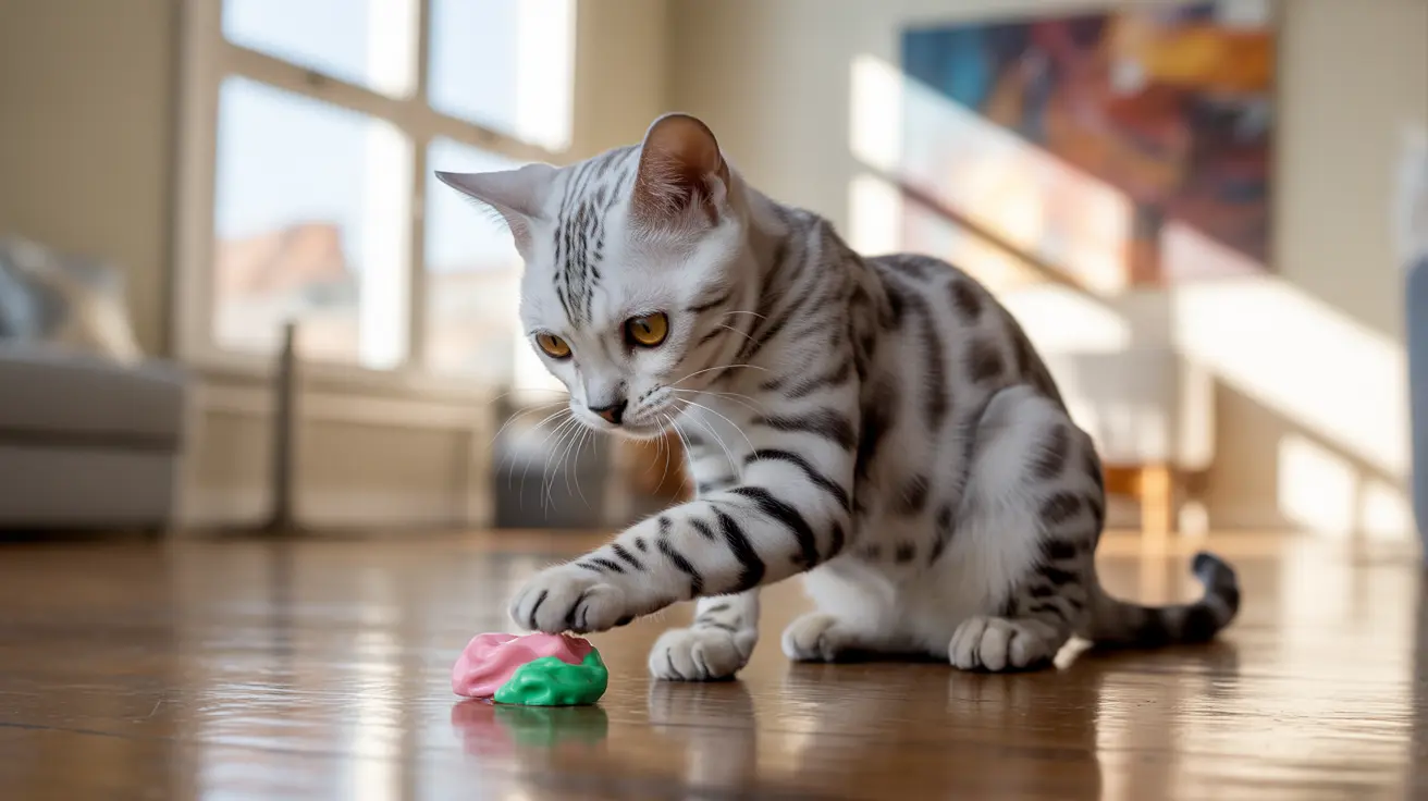 A silver and white Bengal cat playing with a pink and green toy on a wooden floor near a sunlit window