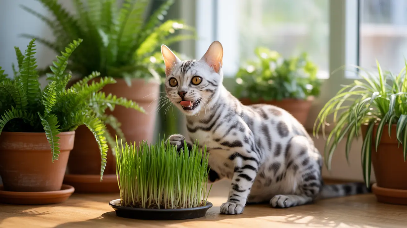 Silver and white Bengal cat near a pot of cat grass with mouth slightly open in a playful expression