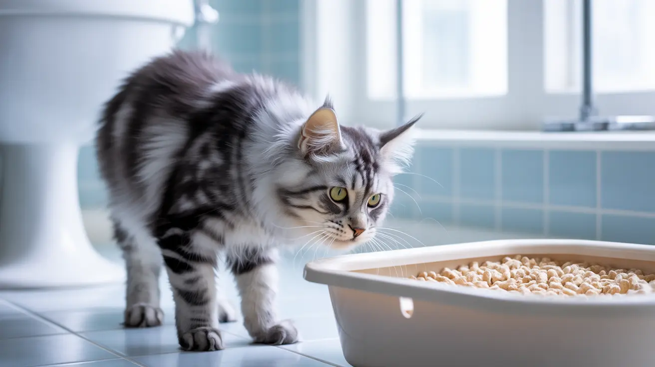 Silver and white Maine Coon cat standing near its litter box in a bright tiled bathroom