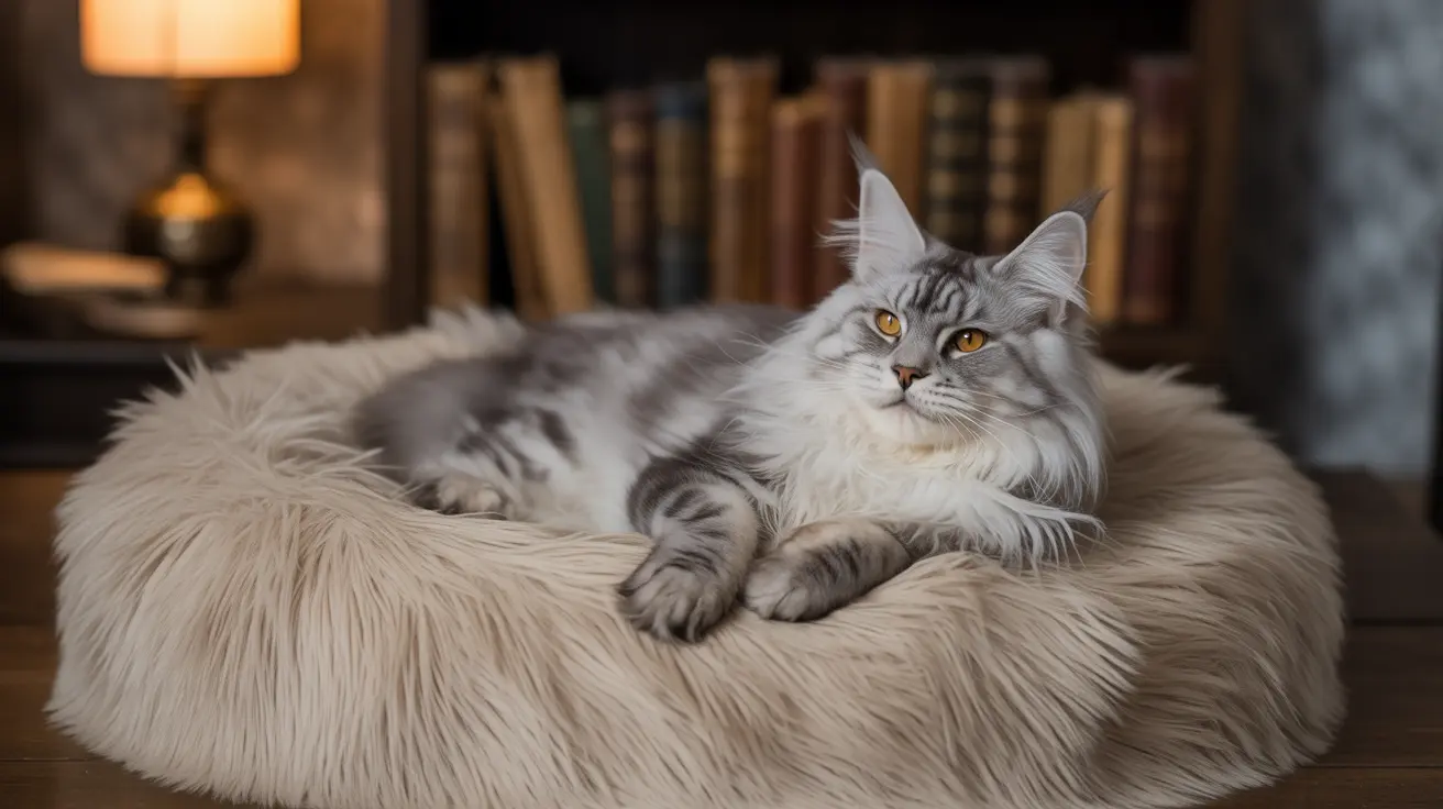 Majestic silver and white Maine Coon cat resting comfortably on a fluffy beige pet bed