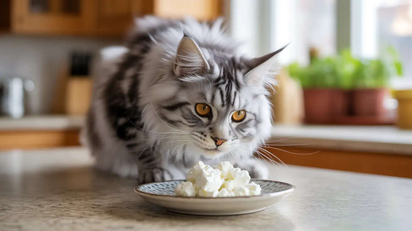Silver and white Maine Coon cat examining a plate of cottage cheese on a kitchen counter