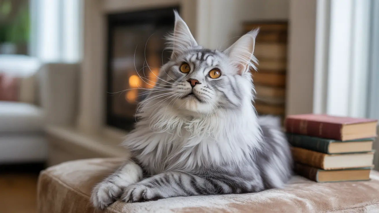 Un gato Maine Coon plateado y blanco sentado elegantemente sobre un cojín beige mullido cerca de una pila de libros y una chimenea
