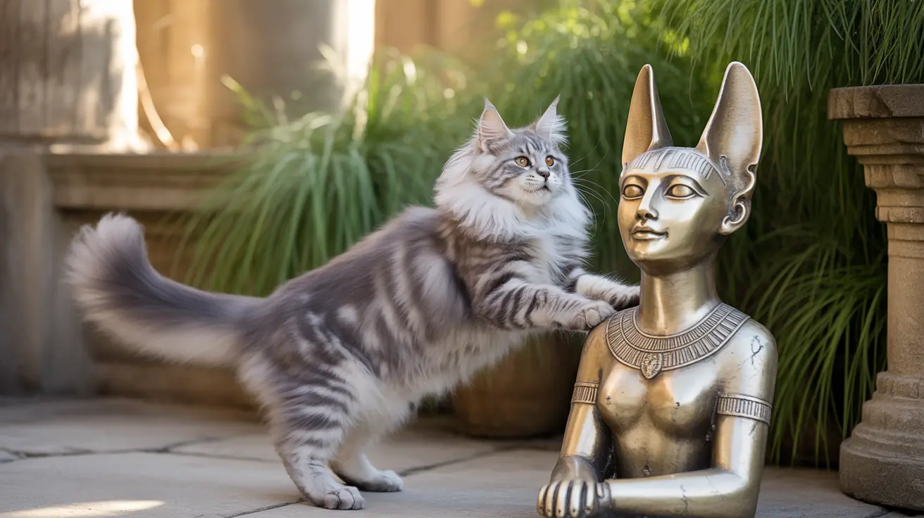 A fluffy silver and white Maine Coon cat leaning against an Egyptian-style statue of a goddess or royal figure