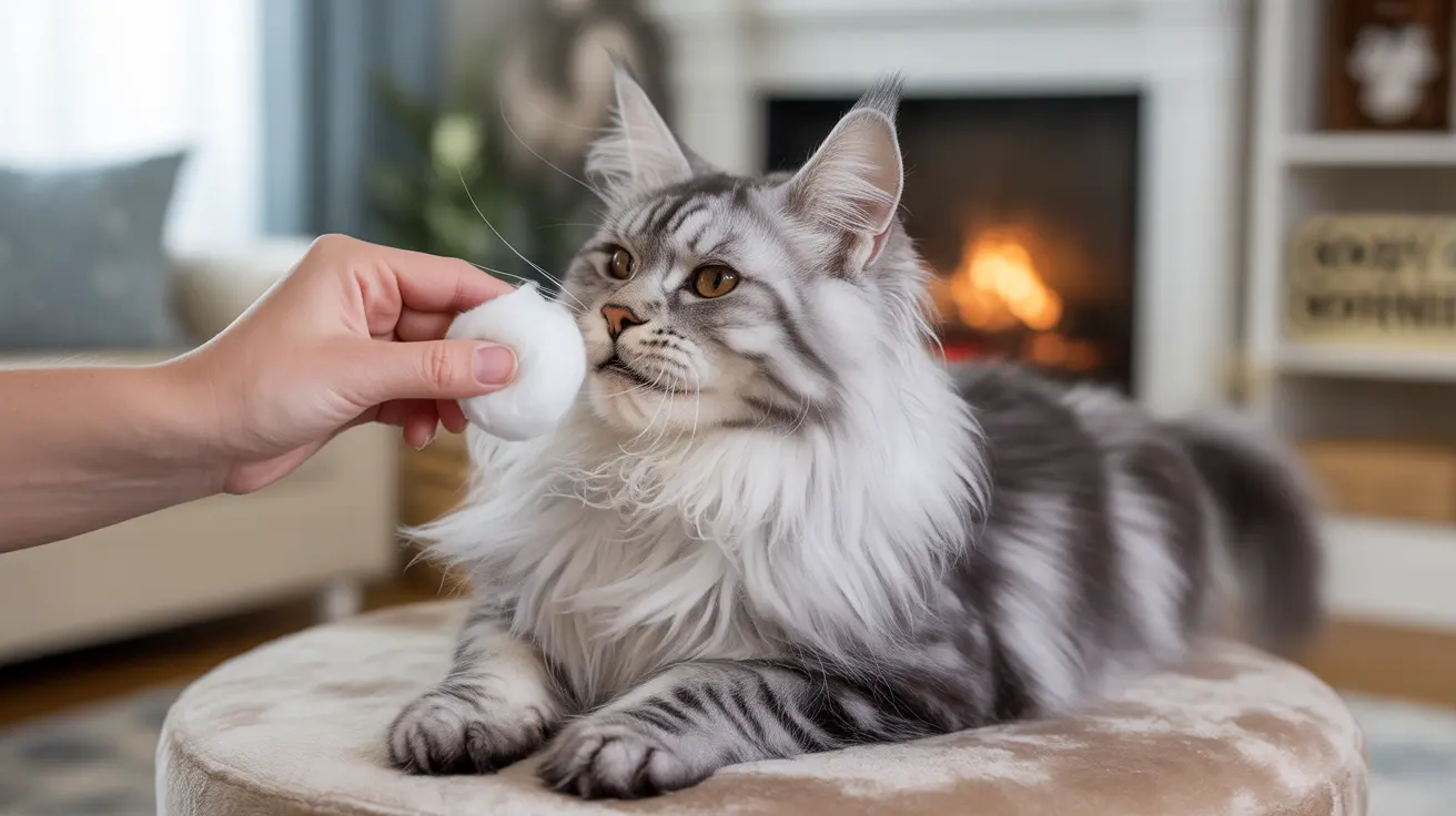 暖炉のそばでシルバーと白のメインクーン猫が、コットンボールでグルーミングされている様子。