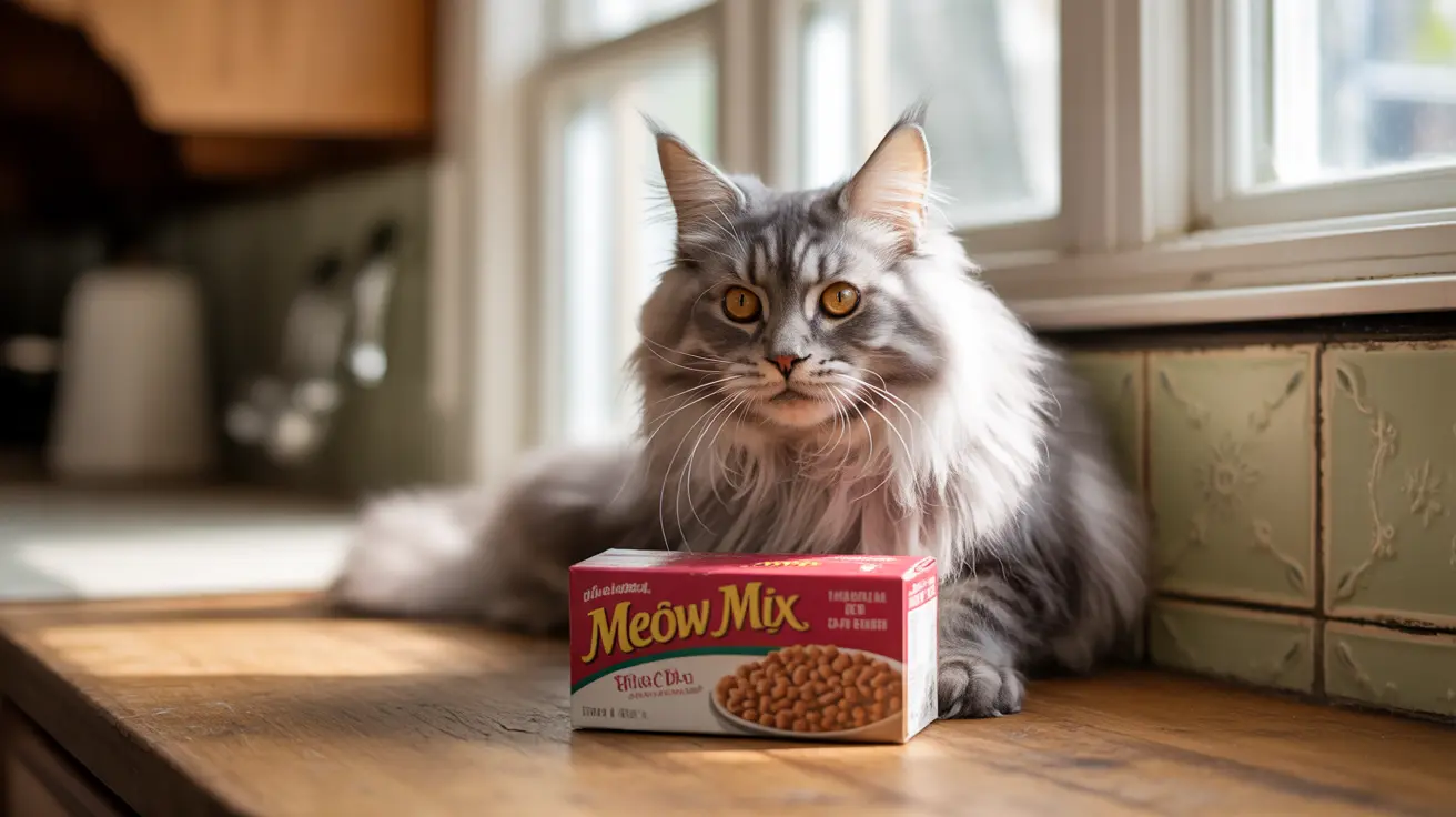 A fluffy silver and white Maine Coon cat sitting next to a box of Meow Mix cat food