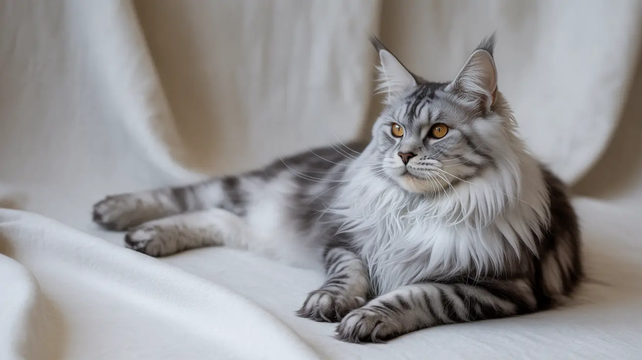 A majestic silver and white Maine Coon cat resting on light-colored fabric
