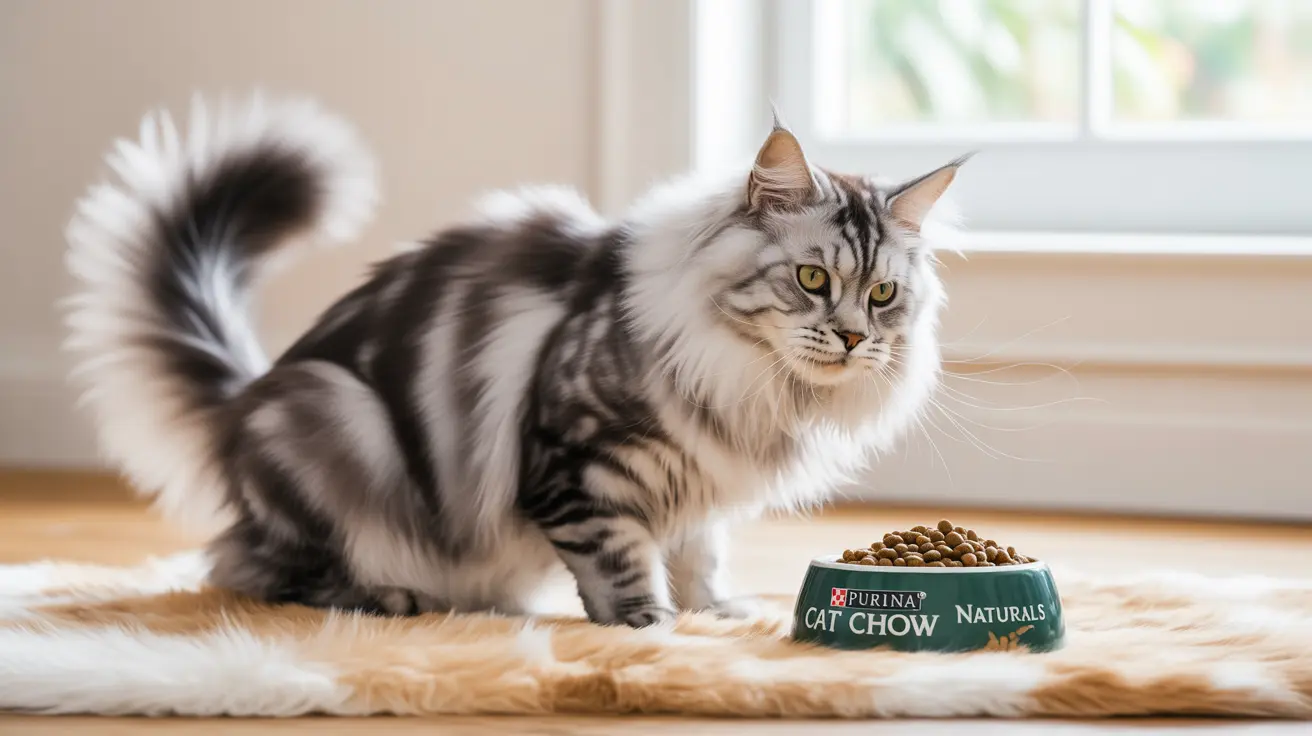 Silver and white Maine Coon cat sitting next to a bowl of Purina Cat Chow Naturals food