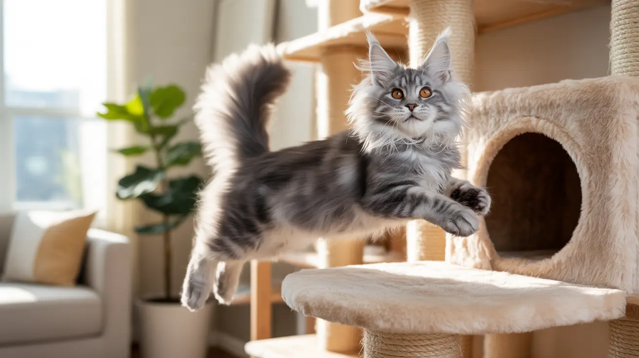 A fluffy silver and white Maine Coon cat perched dynamically on a cat tree near a window