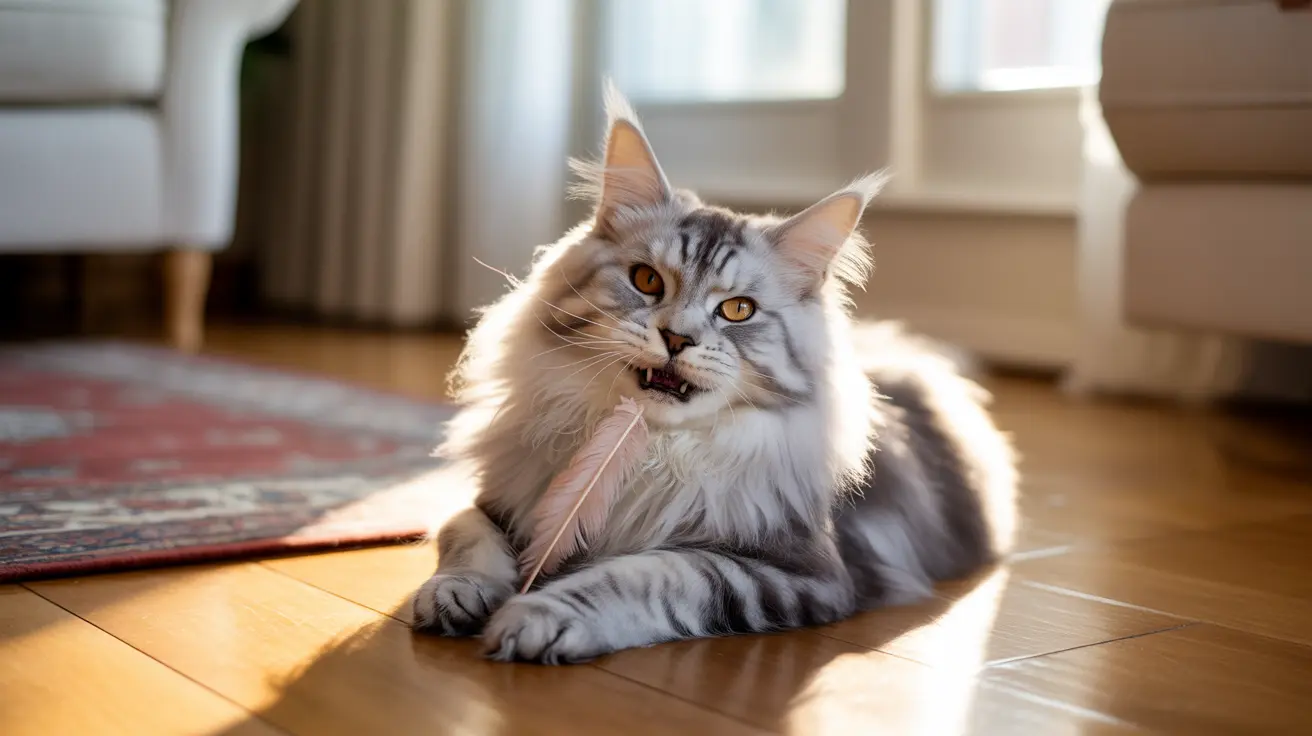 A fluffy silver and white Maine Coon cat sitting on a wooden floor with a slightly open mouth near a feather