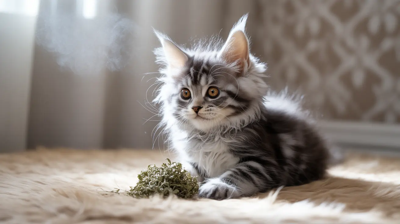 A fluffy silver and white Maine Coon kitten sitting on a soft beige surface with dried greenery nearby