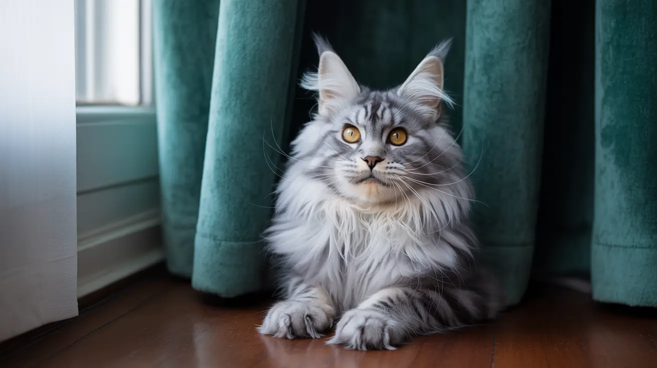 Gato Maine Coon prateado e branco sentado majestosamente entre cortinas azul-turquesa