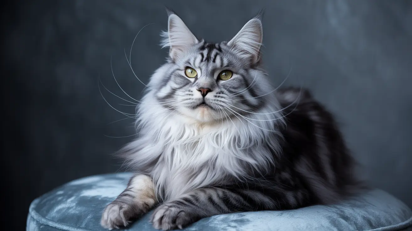 A majestic silver and white Maine Coon cat with striking yellow-green eyes sitting on a blue-gray cushion