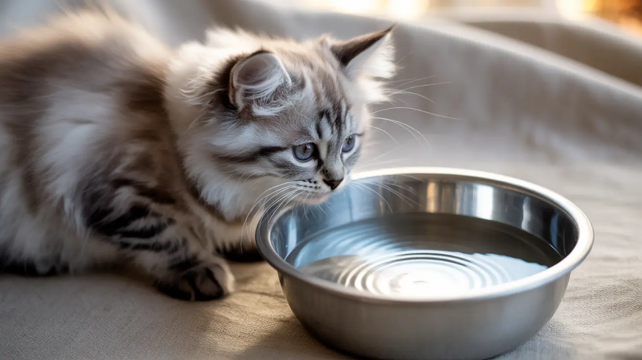 A fluffy silver and white Siberian cat sitting next to a metal water bowl