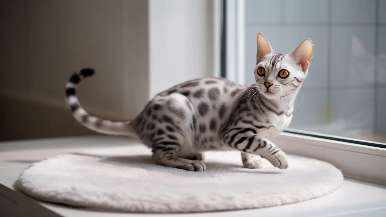 Silver and white spotted Bengal cat sitting alertly on a white round cushion near a window