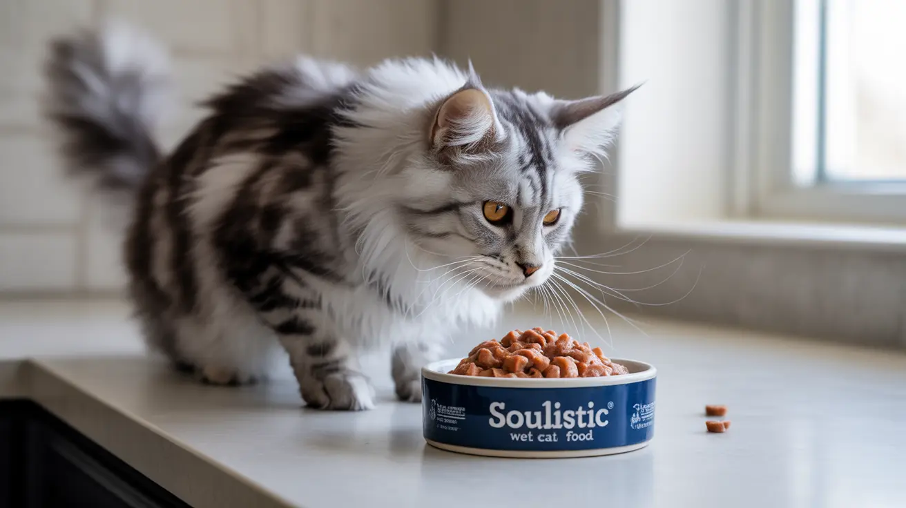 A silver and white tabby cat sitting next to a can of Soulistic wet cat food