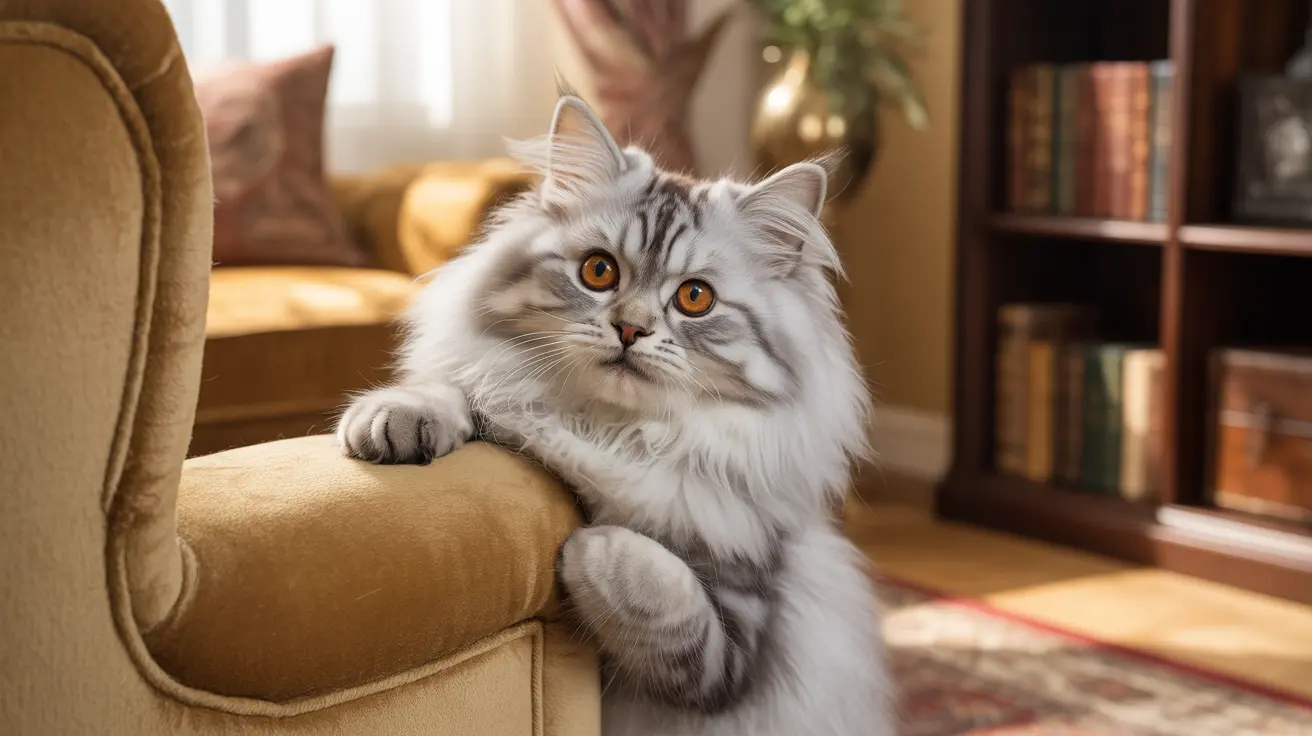 A fluffy white and silver Persian cat perched on a yellow armchair with an elegant and alert pose