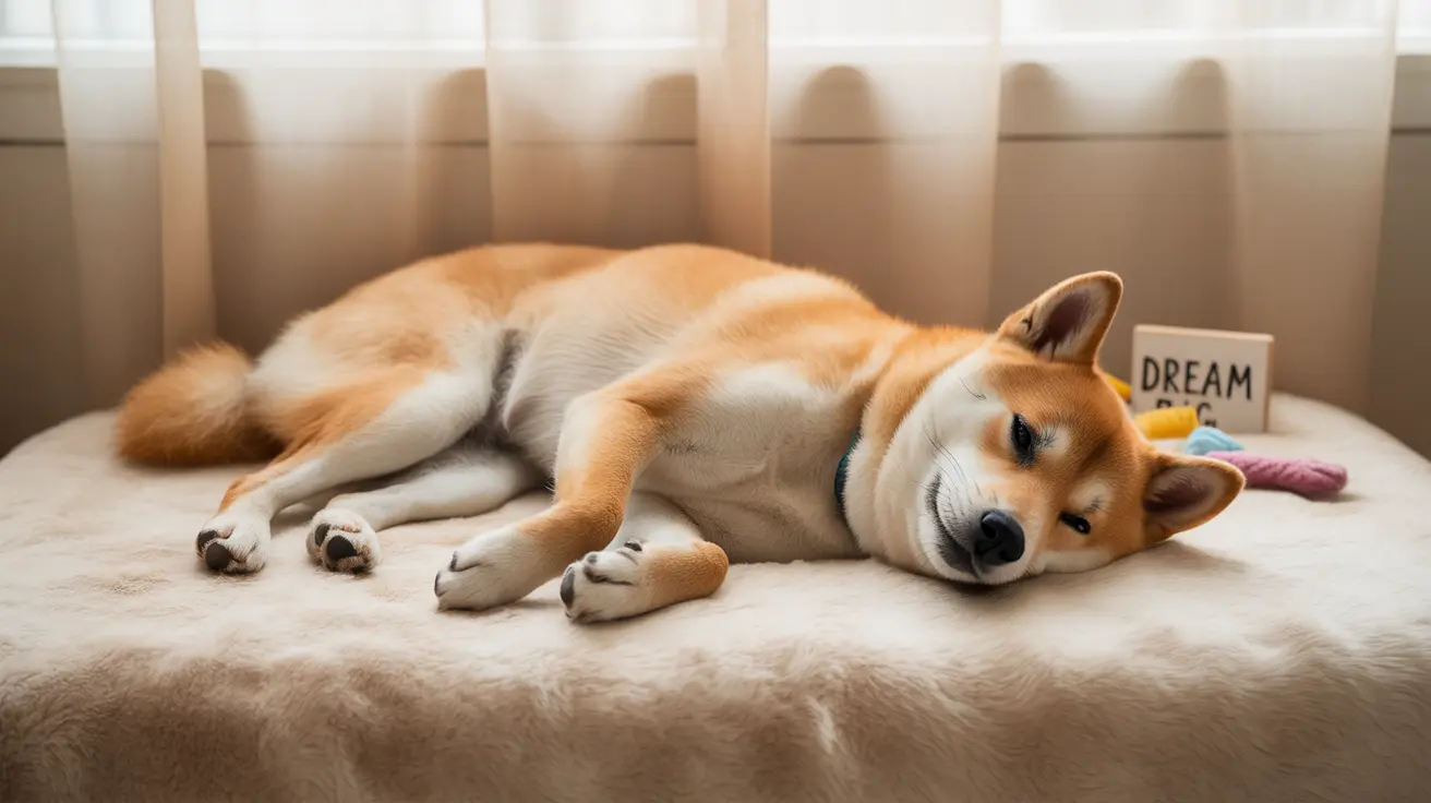 A peaceful Shiba Inu dog sleeping comfortably on a soft bed near a curtained window