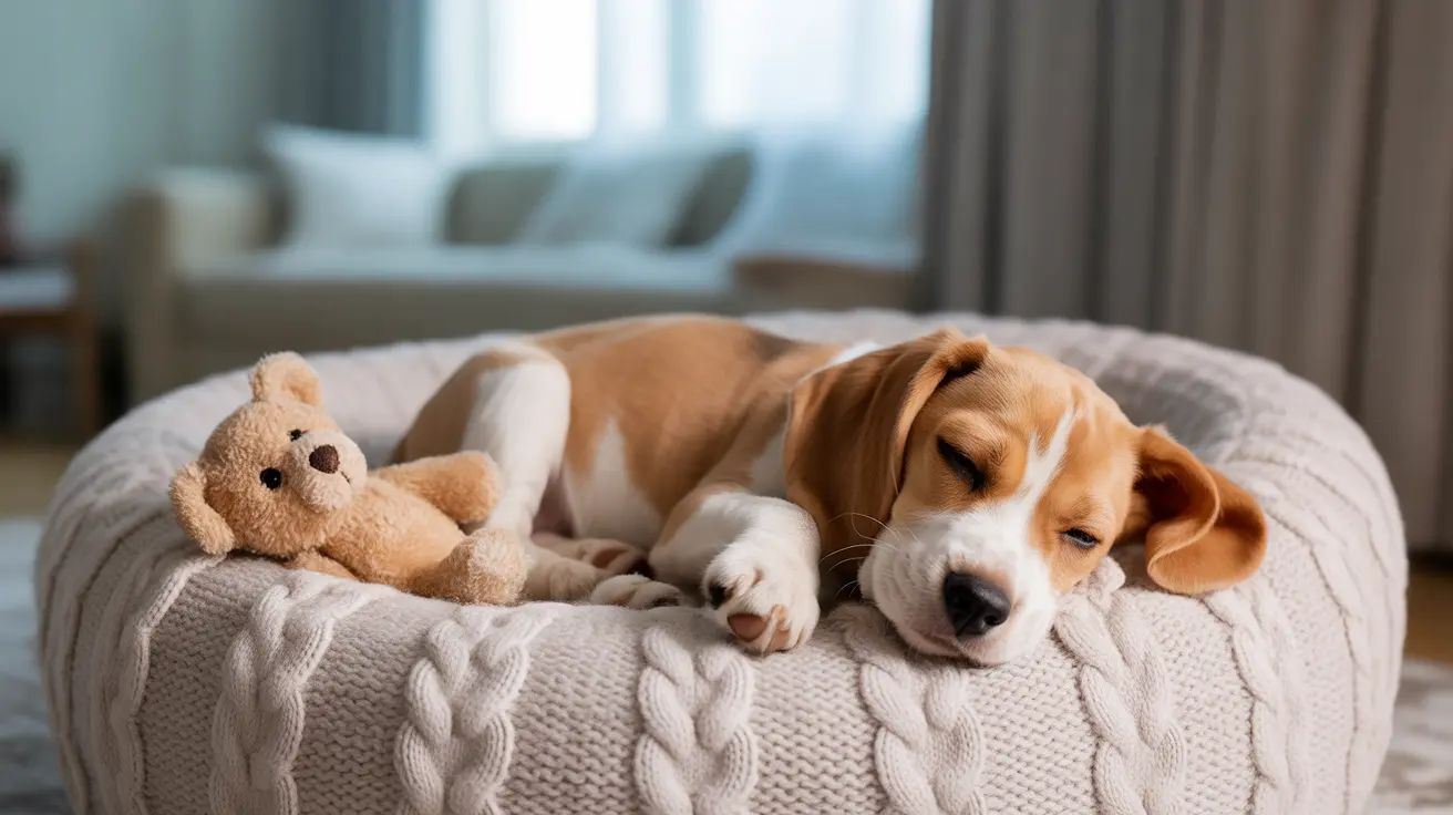 Un cachorro Beagle dormido tranquilamente junto a un osito de peluche en una cama de perro de lana acogedora.
