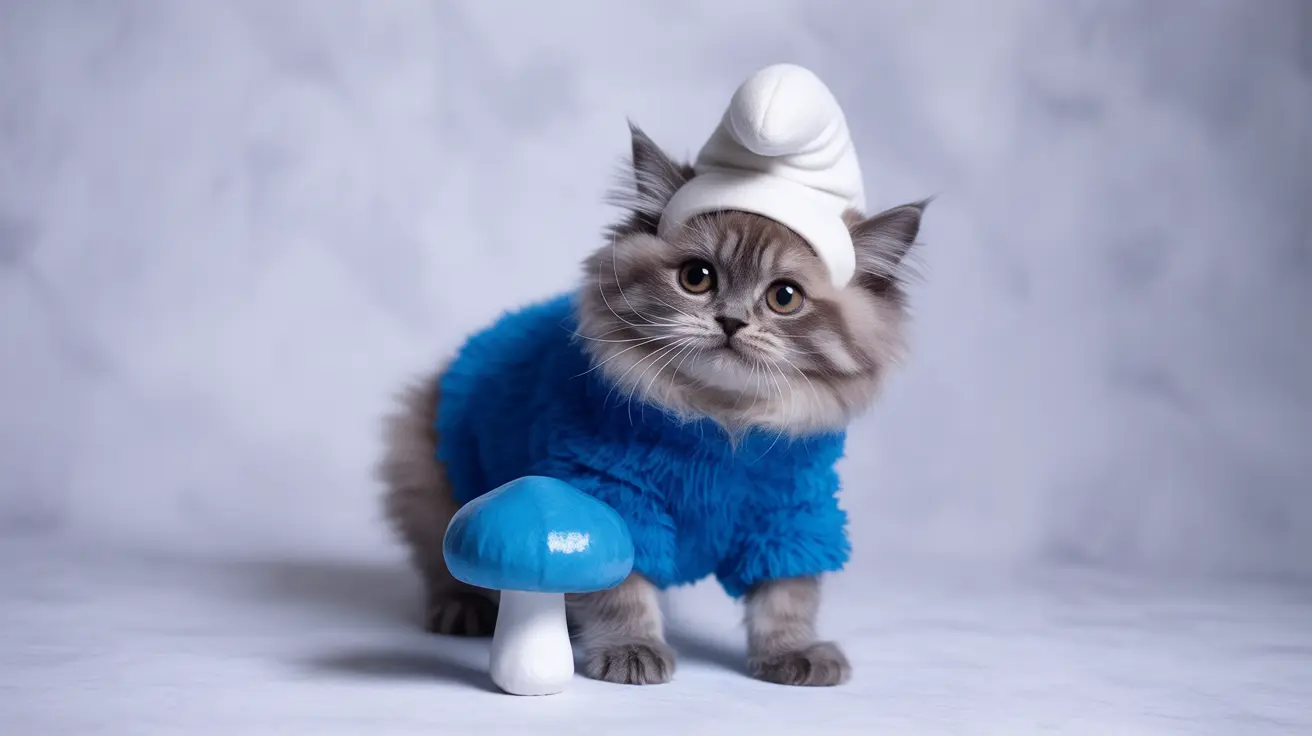 A fluffy Persian cat dressed in a blue sweater and white hat, posing next to a blue mushroom prop