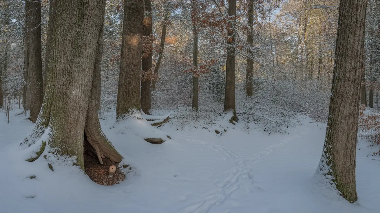 Snow-covered forest landscape showcasing winter wildlife habitat at Thorn Creek Woods