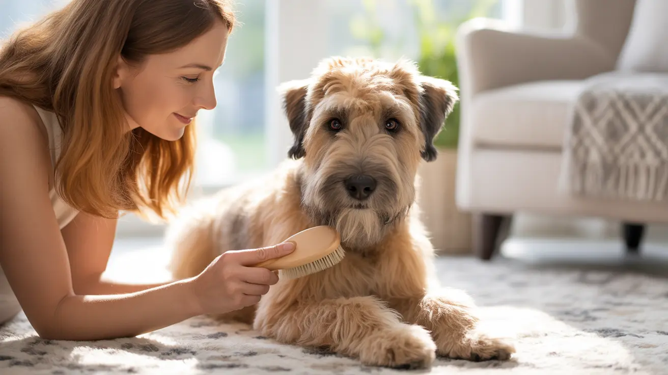 A person gently brushing a fluffy Soft Coated Wheaten Terrier on a patterned carpet near a window