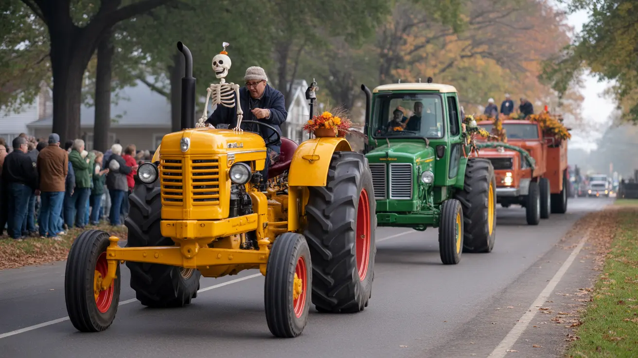Tractors and farm animals including horses, cows, goats, and pets participating in Southwick Farm Parade