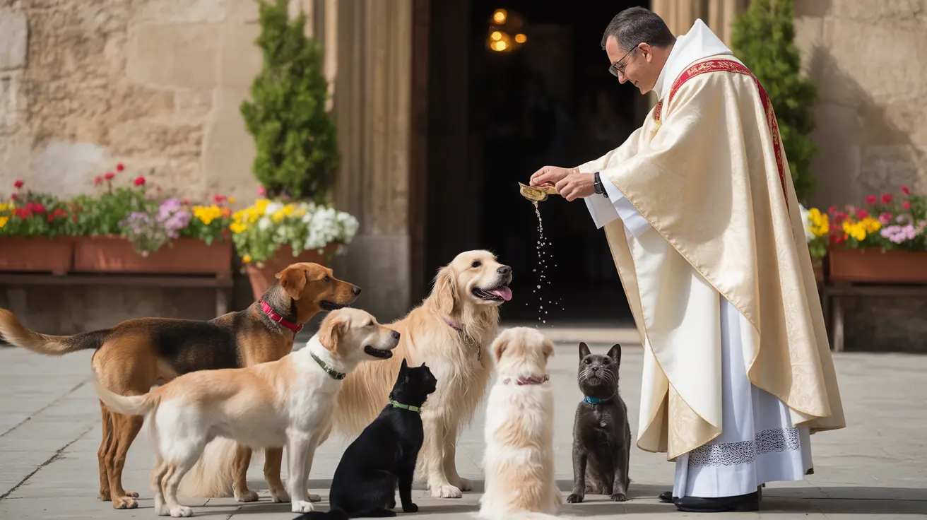 Un sacerdote con ropas ceremoniales bendiciendo a un grupo de perros y un gato reunidos frente a él fuera de una iglesia.