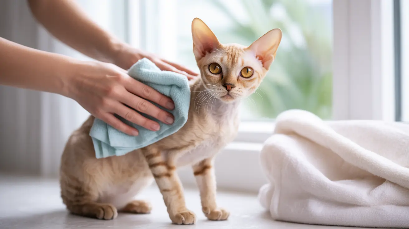 Um gato Sphynx sem pelos sendo suavemente seco com uma toalha azul após um banho
