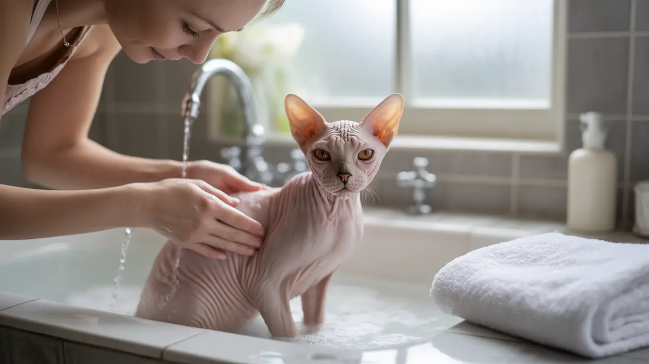A hairless Sphynx cat being bathed in a sink with running water
